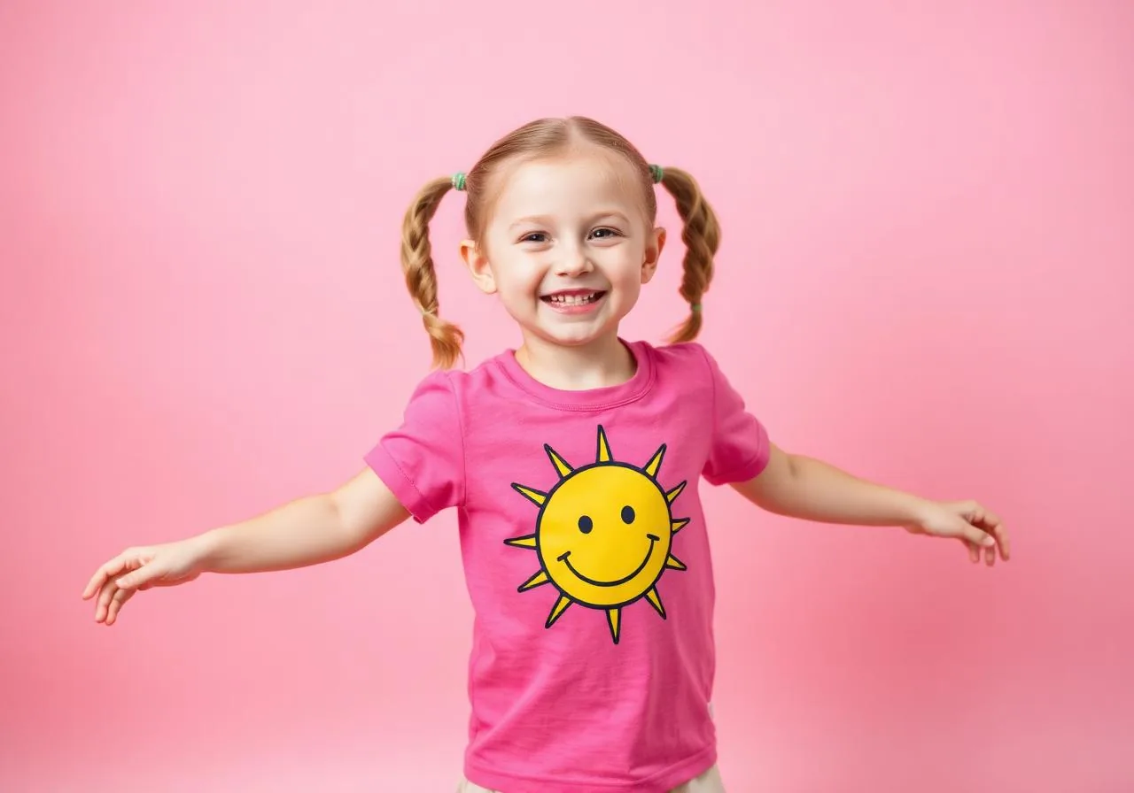 Smiling girl in cute graphic tee outfit for kids