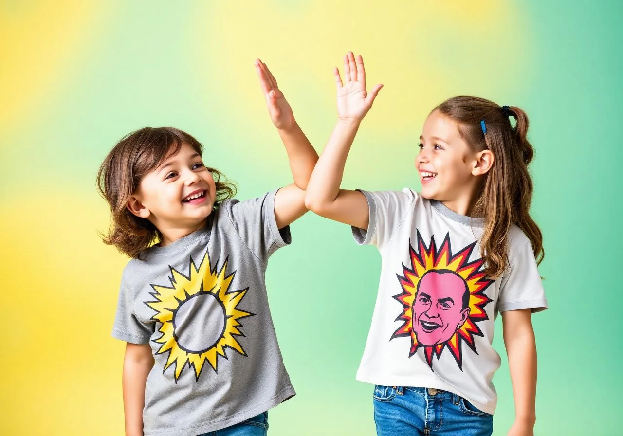 Trendy graphic tee outfits for boys and girls high fiving