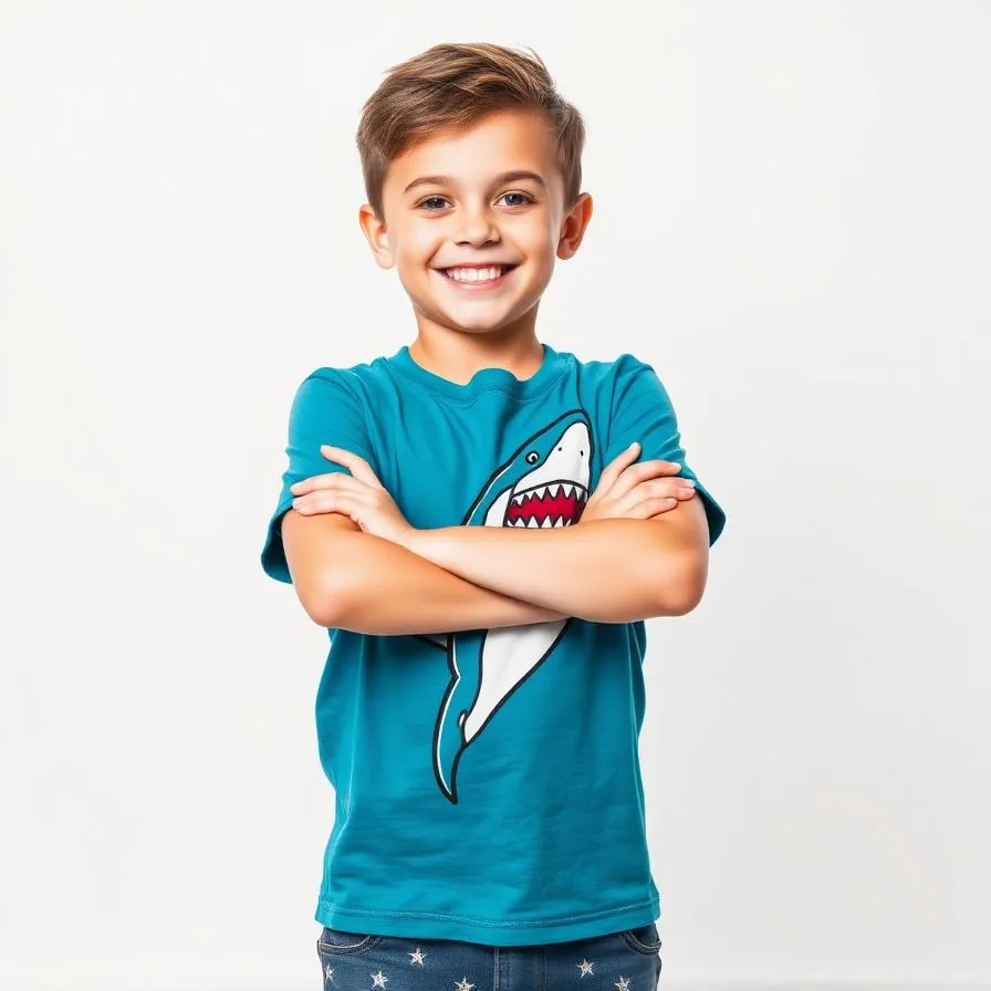 Teal shark trendy graphic tee outfit for boys